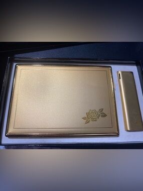 FLAMEX VINTAGE GOLD CIGARETTE CASE AND BUTANE LIGHTER with ETCHED ROSE 🌹